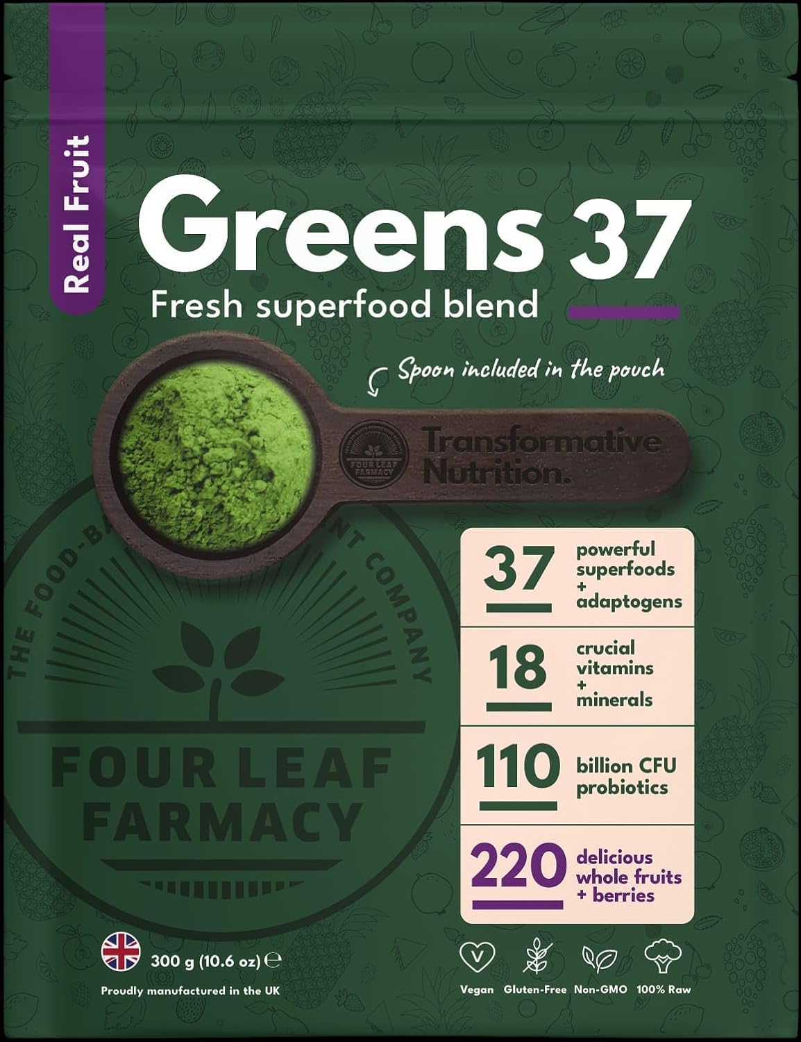 Greens Powder - Limited Edition - Made in UK with 37 superfoods - 300g High Dosage Servings - Vegan Gluten Free - with KSM-66® Ashwagandha and Lions Mane (300g, Real Fruit Blend)