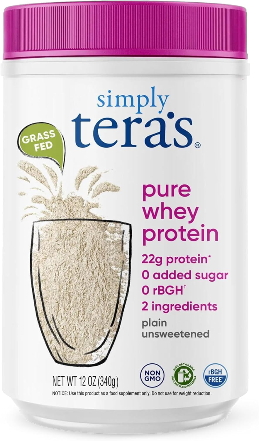 simply tera's Pure Whey Protein Powder - Grass Fed Whey Protein Powder, Clean & Natural, Unflavored, Non-GMO, Kosher, Unsweetened - 12 Oz