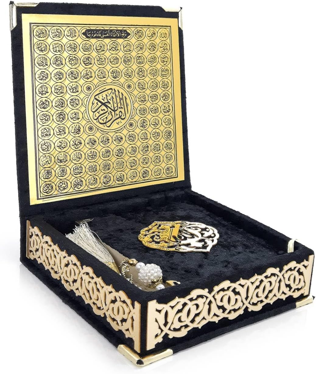 ihvan online, The Holy Qur'an Set, Islamic Prayer Gift Box with Pocket-sized Velvet Covered Quran, Tesbih, Inner Lid Names of Allah (Asmaul Husna), 3 Pieces for Ramadan & Eid & Dowry Gifts, Black