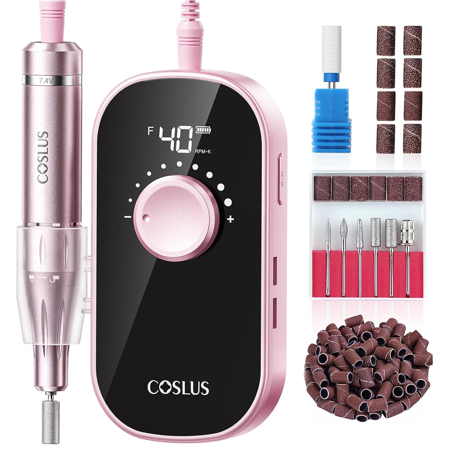 COSLUS E51 Professional Nail Drill Portable Long-Lasting Electric Nail File | Rechargeable, 40000 RPM, Effective for Acrylic Gel Polishing Removing, Easy for Beginner Women, Home DIY & Salon, Pink