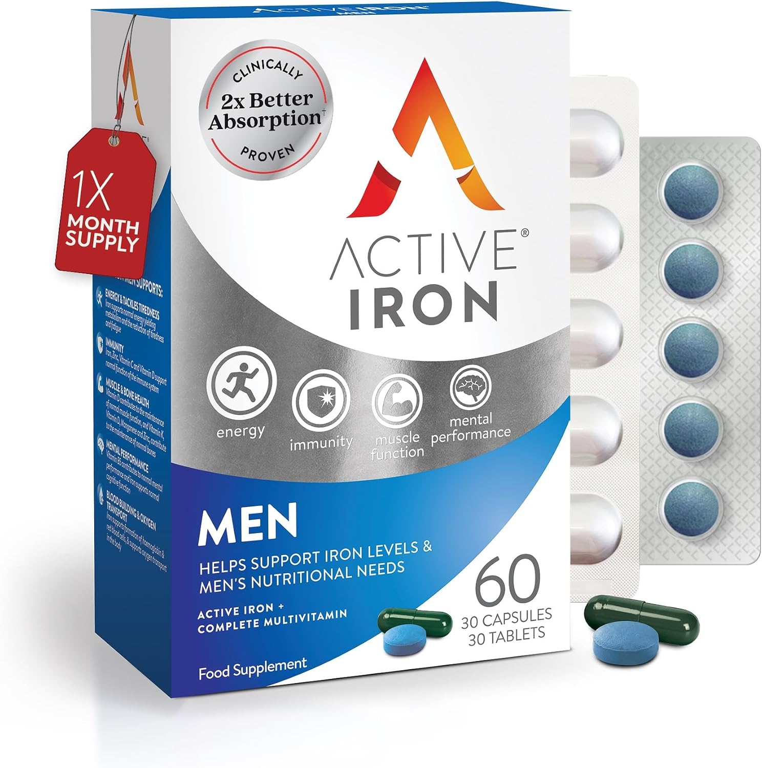 Active Iron Supplement 14mg + Men's Multivit, 30 Capsules + 30 Tablets