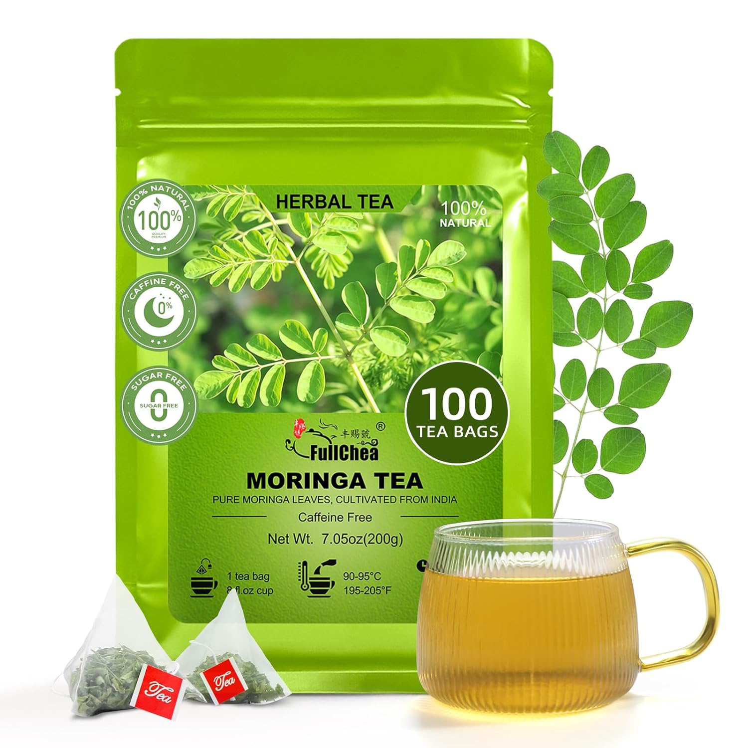 FullChea - Moringa Tea Bags, 100 Count - Pure & Natural Rosabella Moringa Leaves, Cultivated From India - Caffeine-free Herbal Tea for Supporting Digestion & Immune System - Non-GMO