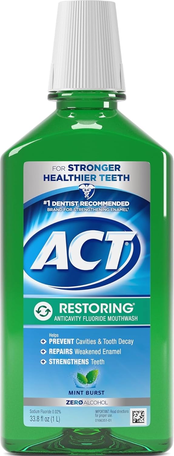 ACT Restoring Zero Alcohol Fluoride Mouthwash 33.8 fl. oz. Strengthens Tooth Enamel, Mint Burst | Zero alcohol mouthwash, repairs enamel and strengthens teeth, sodium fluoride 0.05% 200 G/1 L, prevents cavities and decay