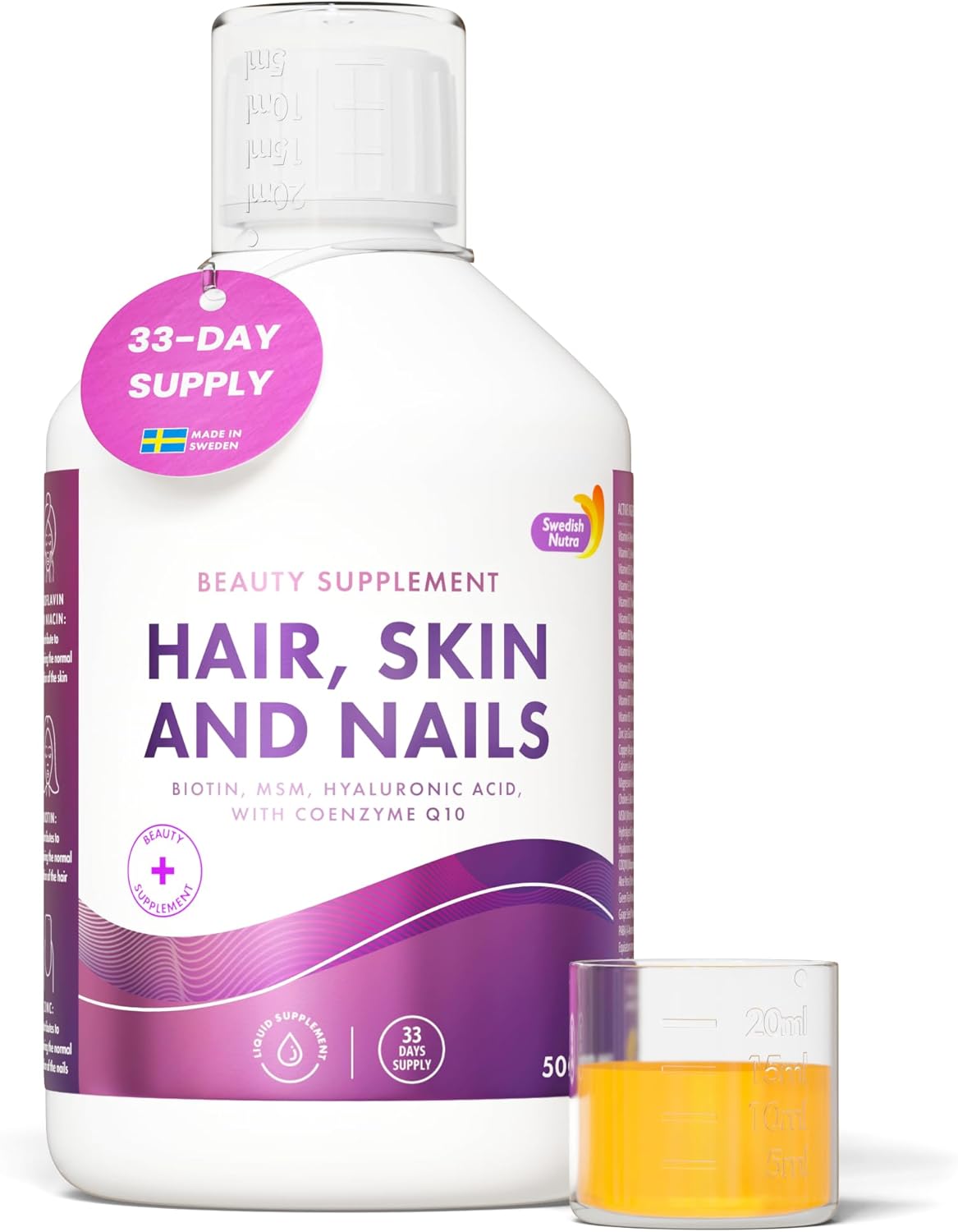 Swedish Nutra - Hair, Skin & Nails Liquid Supplement - Pack of 500 ml, 33 Day Supply | Plus Collagen, Biotin, Vitamins, MSM, Hyaluronic Acid & CoQ10 | Gluten Free | 100% Natural Orange Flavour