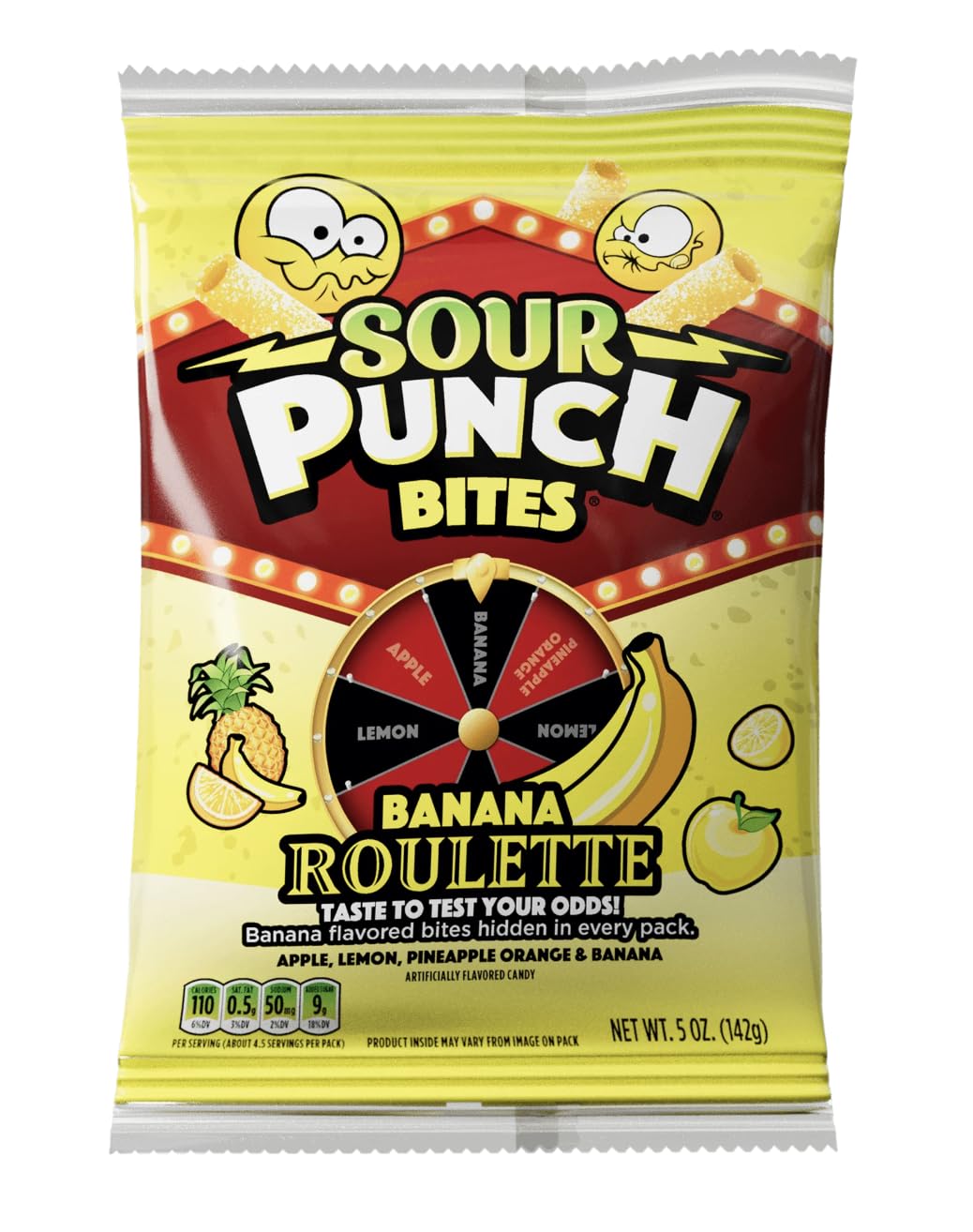 Sour Punch Banana Roulette Chewy Candy, 5 oz Bag