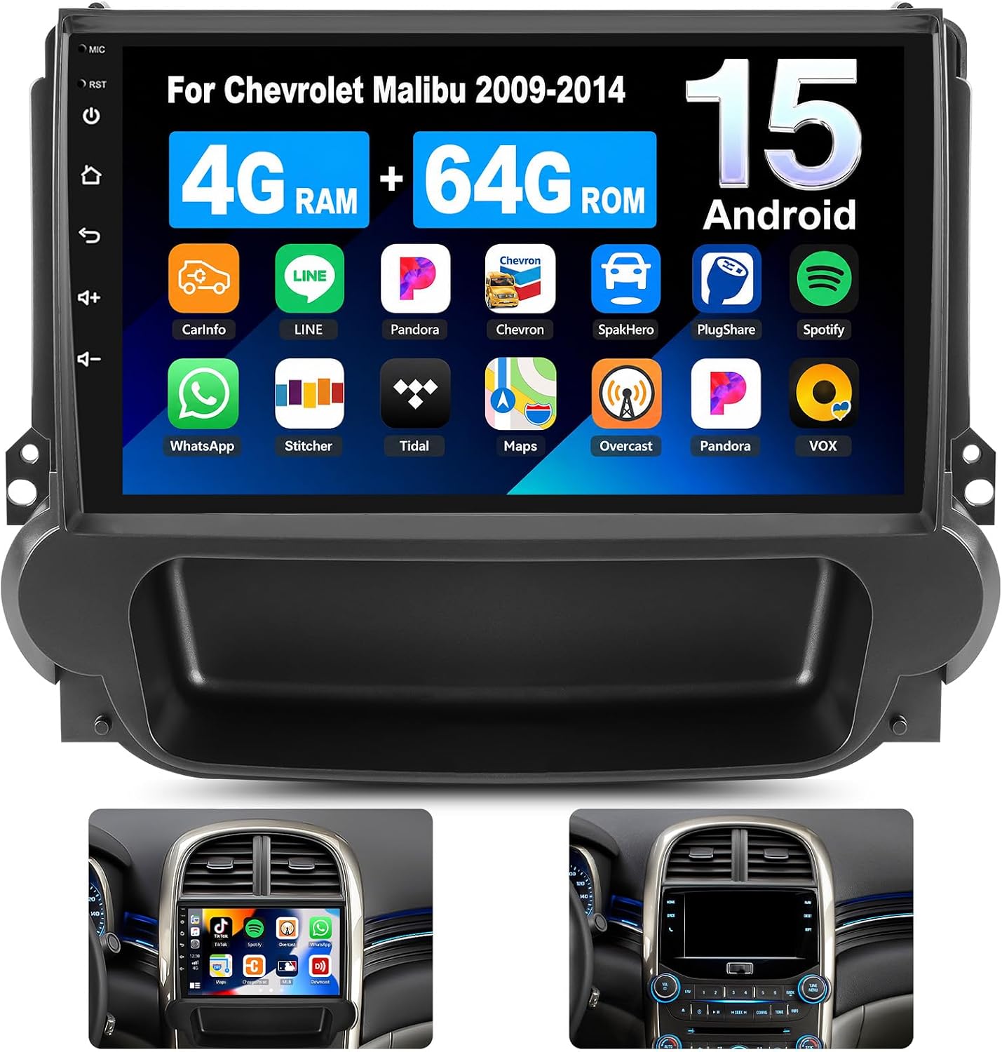 [4G+64G] Car Radio for Chevrolet Malibu 2009-2014 with Wireless CarPlay Android Auto,9" Touchscreen Android 15 Car Stereo with Mirror Link Voice Control WiFi/GPS,Bluetooth,FM/RDS SWC+Backup Camera