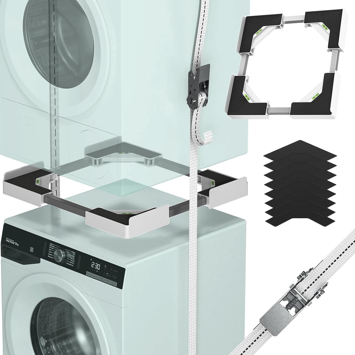 JHCHU Washer Dryer Stacking Kit, Universal Stacking Kit for Washer and Dryer, Adjustable Frame for 45~68cm Stackable Washer and Dryer Stacking with Ratchet Strap (White)