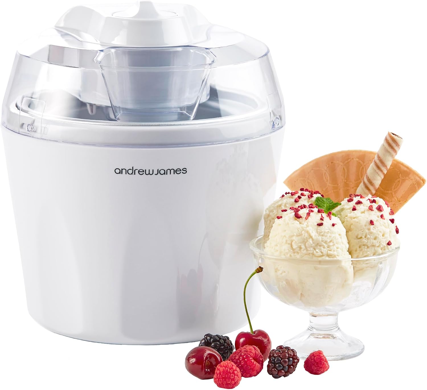 Andrew James Ice Cream Maker 1.5L – Ice-cream Maker, Gelato & Sorbet Machine for Home, Homemade Frozen Dessert Maker Ice Cream Machine, Ready in 20 Minutes – White