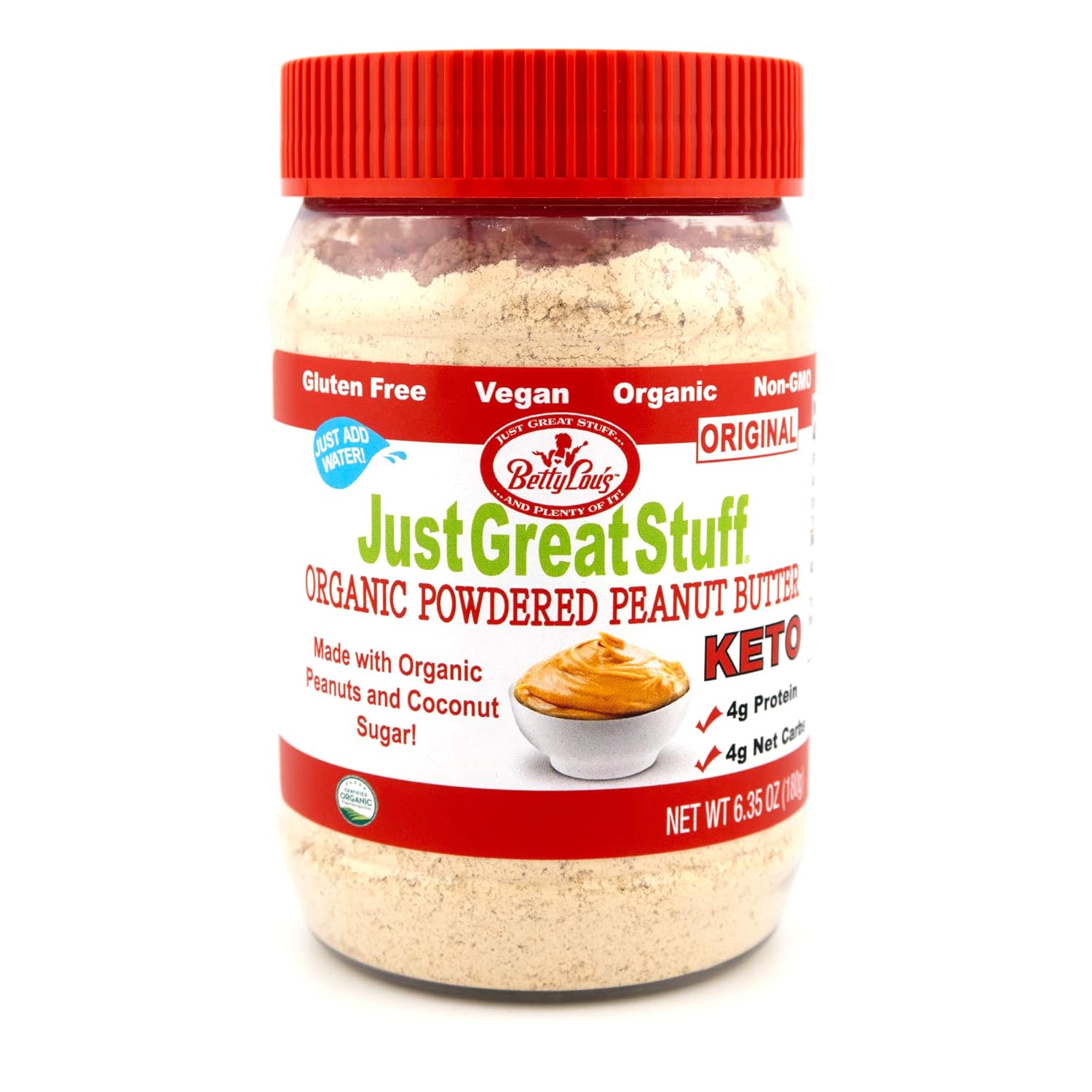 Betty Lou's 100% Organic Powdered Peanut Butter, Gluten Free, Vegan, Low Calorie, All Natural, High Protein, Deliciously Healthy, Just Add Water (6.35 Oz)