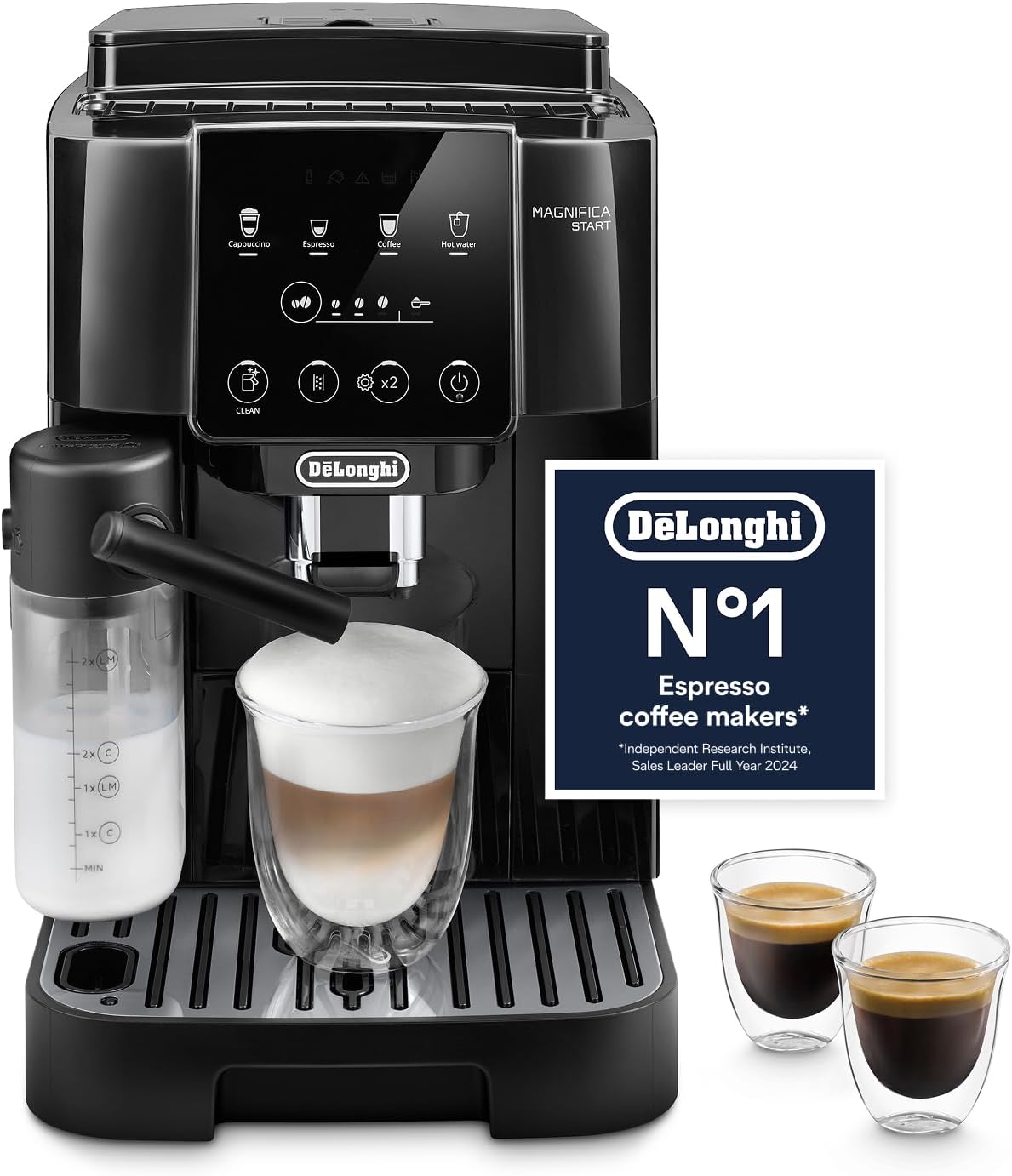 De'Longhi Magnifica Start - Automatic Coffee Machine 4 Drinks Black | Bean to Cup, Hot LatteCrema Automatic Milk Frother, Cappuccino Maker, One-Touch Drinks, Touch Icons, ECAM222.60.B