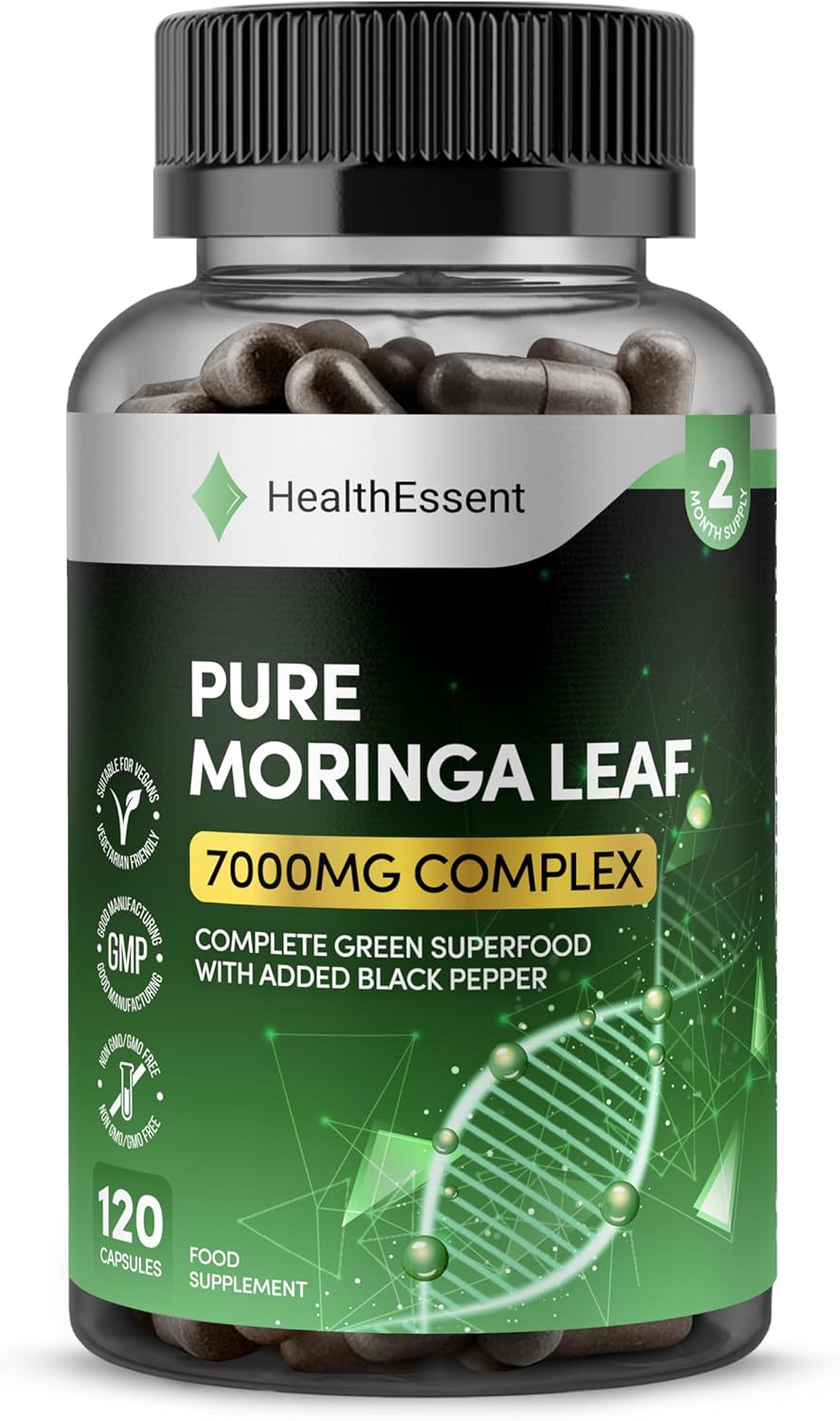 Rosabella Moringa Capsules 7000mg Complex, High Strength Complete Green Superfood with Added Black Pepper, Moringa Leaf Extract and Powder for High Absorption - 120 Capsules by HealthEssent