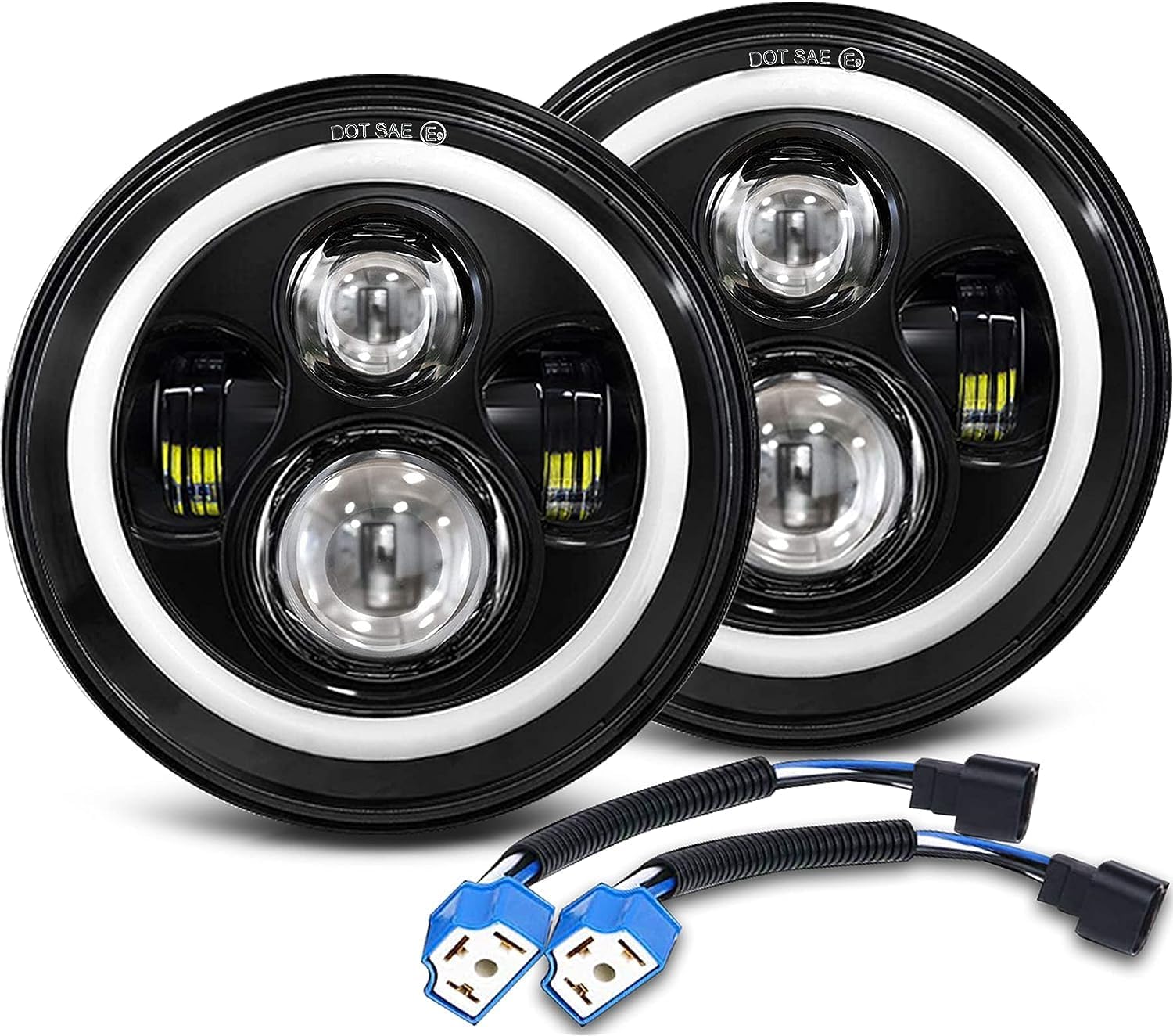 7 Inch LED Headlight with Amber Halo Turn Signal White DRL High/Low Beam Angle Eyes Compatible with Wrangler JK LJ CJ TJ (H4 H13 Adapter Included)