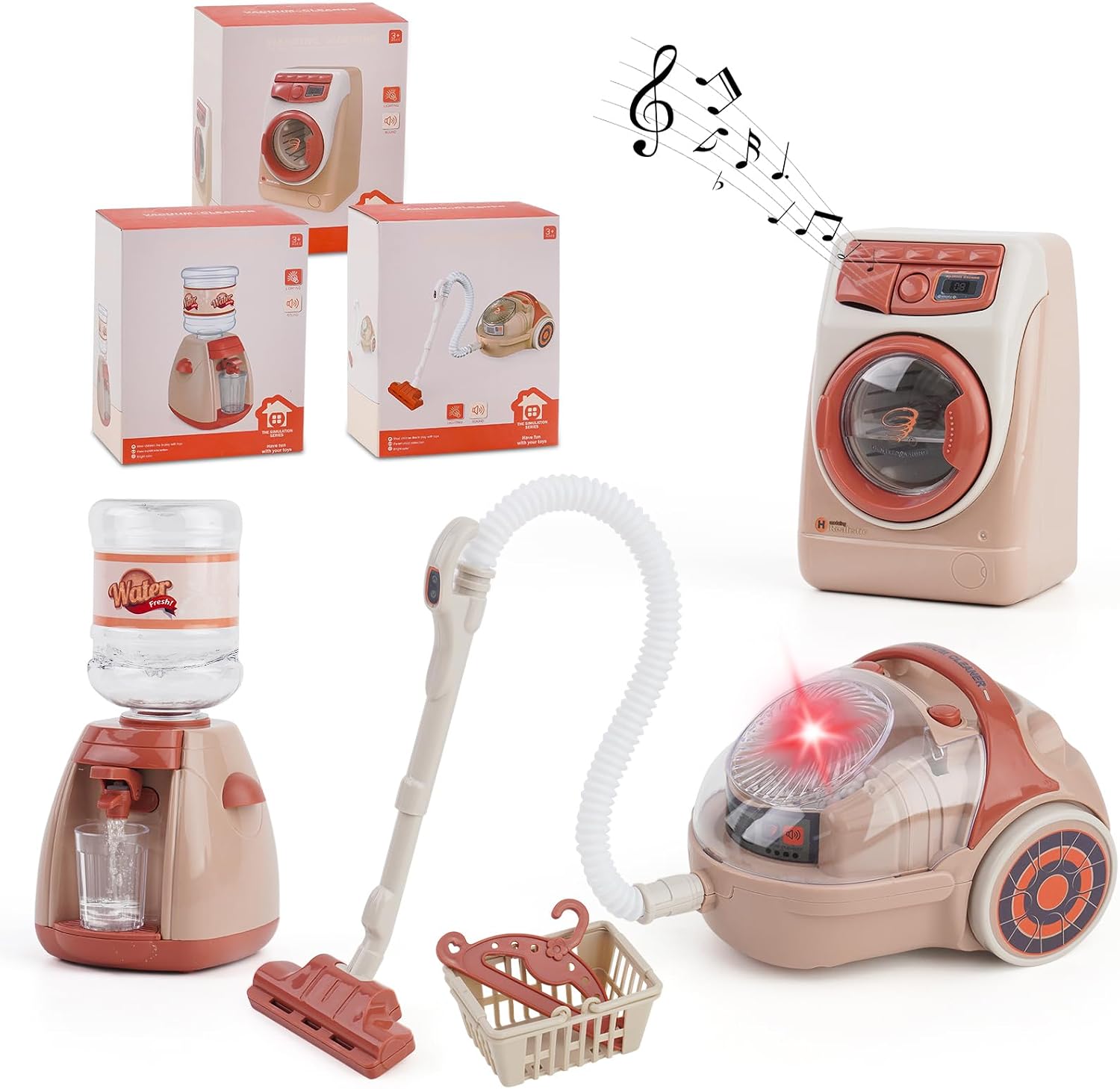 Toy Washing Machine,Vacuum Cleaner &Water Dispenser,Mini Home Appliance Toys .Dollhouse Furniture Pretend Play Household Appliance Realistic Sounds with Lights Laundry Play Set with Rotatable Roller