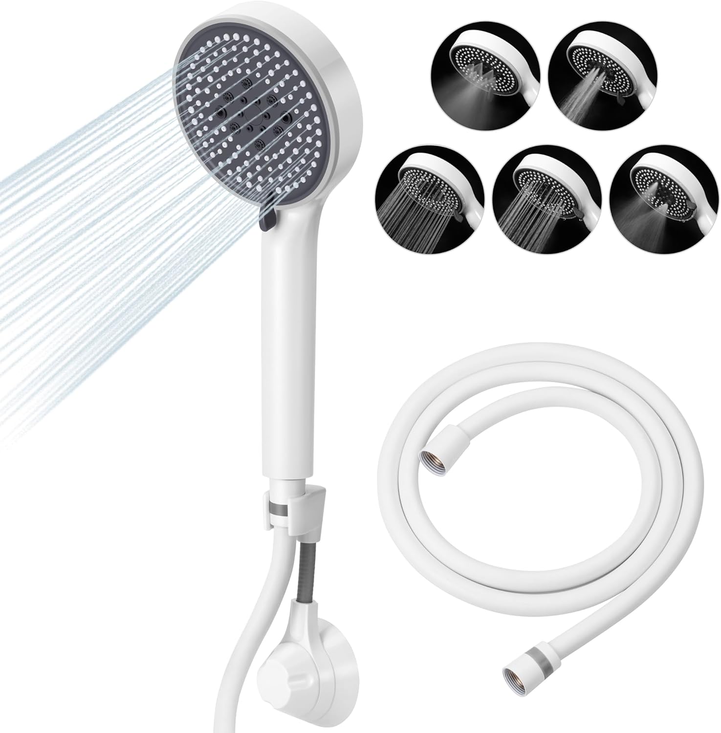 Lonian 5 Spray Mode High Pressure Handheld Shower Head Set, High Flow Hand Held Showerhead with 1.5m Hose Adjustable Bracket Tape Rubber Washers (White)