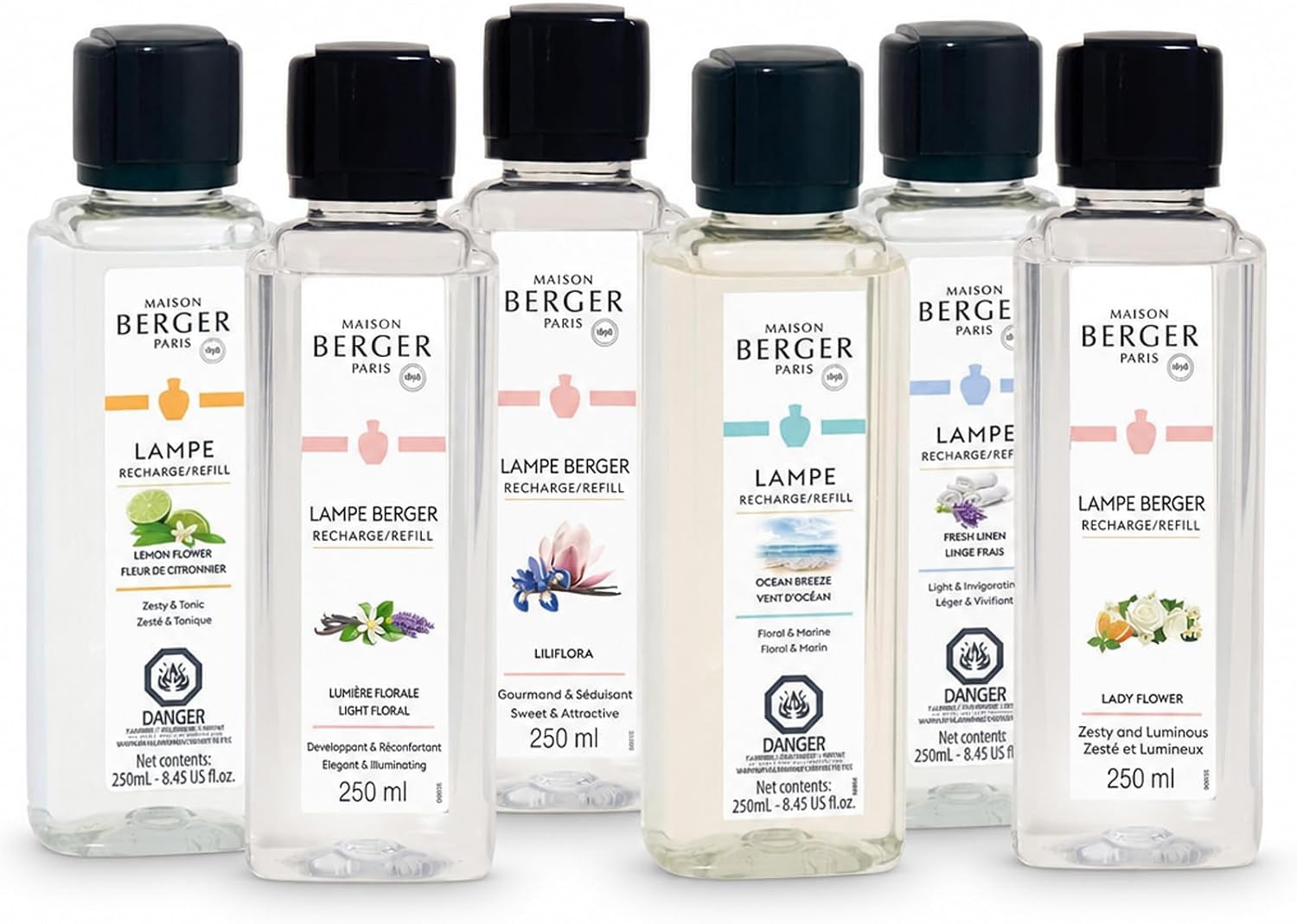 Maison Berger Lampe Berger Refill Discovery Bundle, Fresh Trio + Ophelia Trio, 6 x 250 mL Catalytic Fragrance Refills, Helps Neutralize Odors and Diffuse Home Fragrance, Made in France
