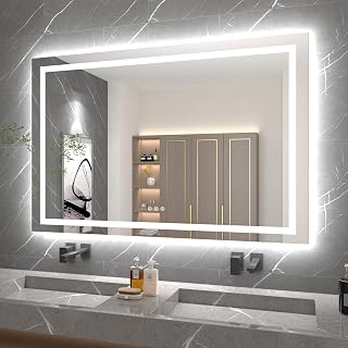 55x36 LED Mirror for Bathroom with Double LED Strips, Front and Backlit Lighted Mirrors for Bathroom Wall, 3 Colors and Stepless Dimmable LED Vanity Mirror with Lights, Anti-Fog, Memory