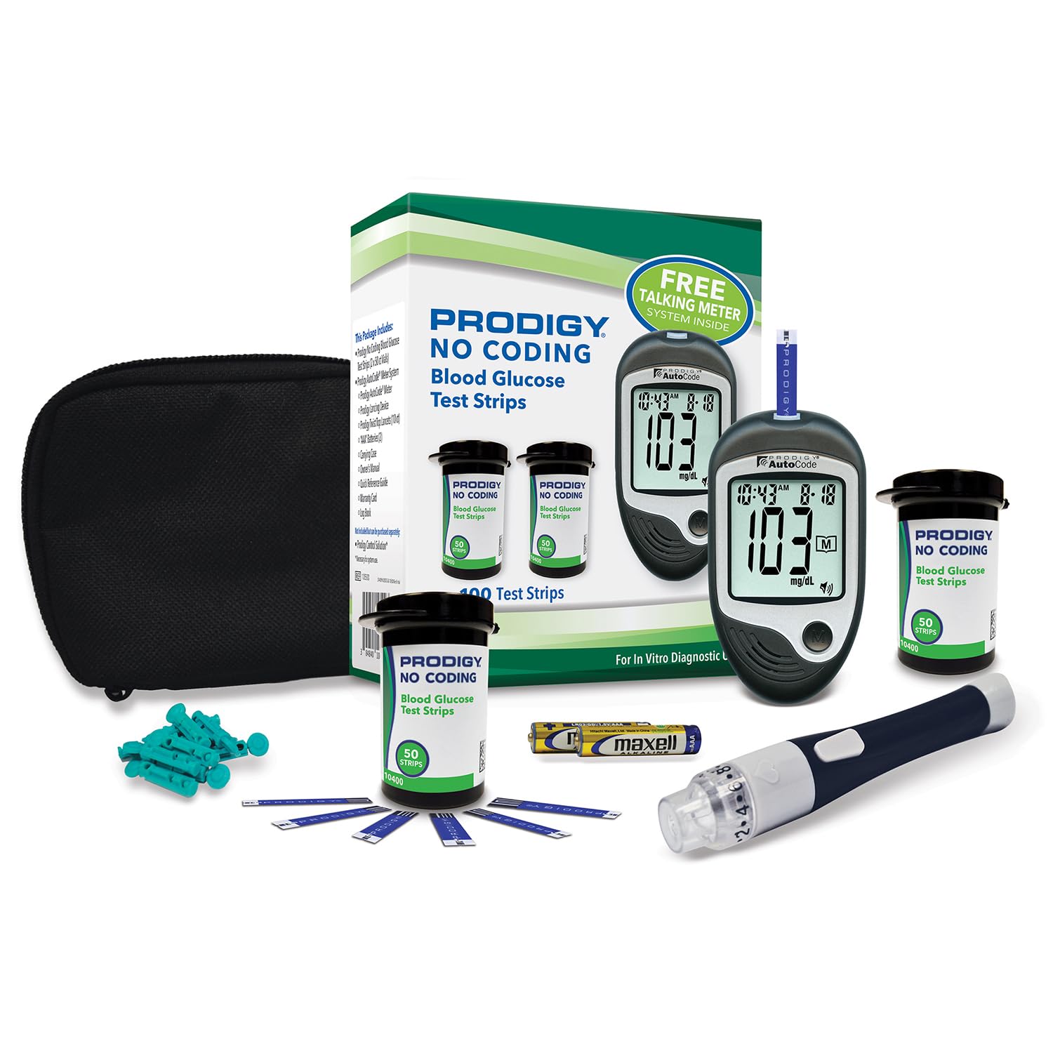 PRODIGY 10500 100ct Test Strips with Autocode Talking Meter Starter Kit, Online Version of 75050