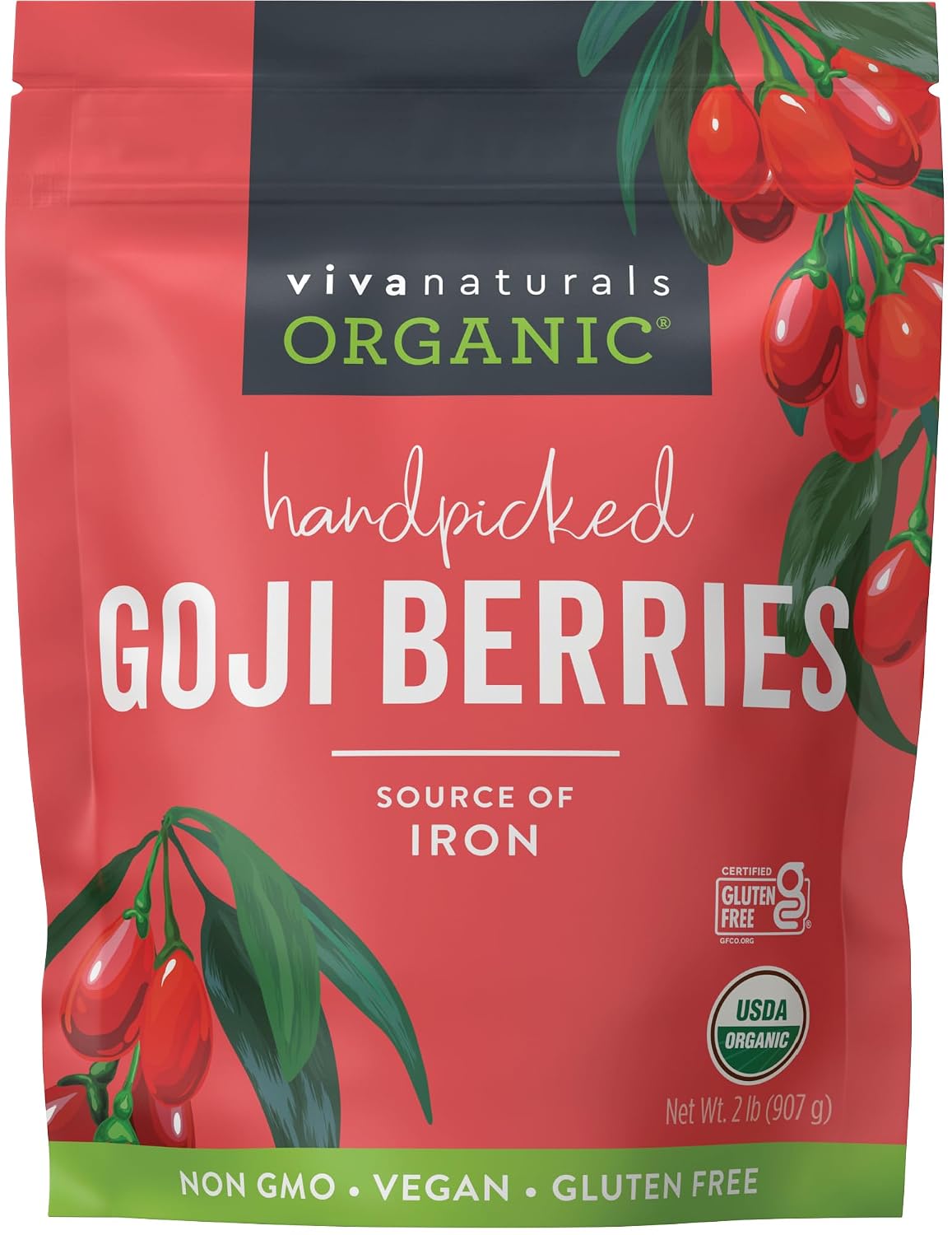 Viva Naturals Organic Dried Goji Berries, 2 lb (907 g) – Non-GMO, Vegan Wolfberries, Perfect for Goji Berry Tea, Smoothies, Baking & Snacking