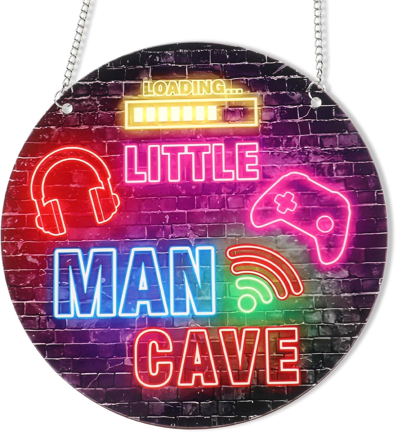 Qianyu Neon Little Man Cave Sign Gaming Wooden Door Sign Video Game Hanging Wall Art Decor Christmas Birthday Gift for Son Kid for Bedroom Playroom Living Boy Room Decorations