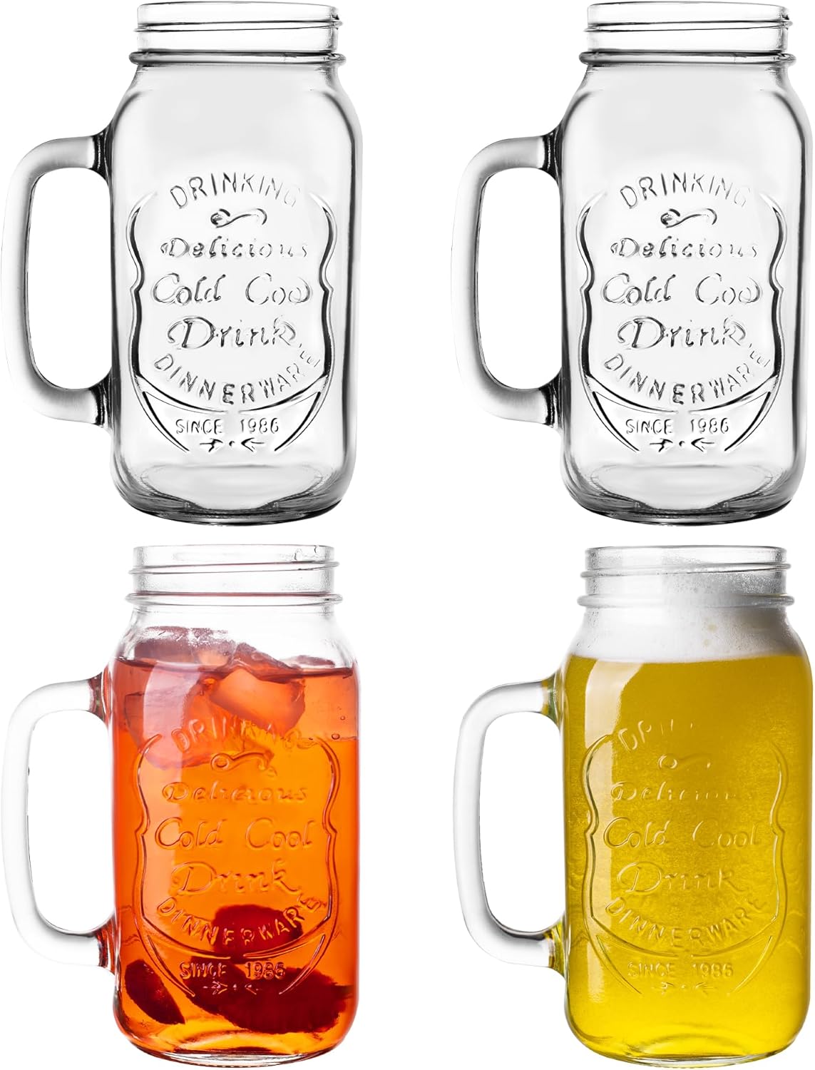 24 OZ Mason Jar Drinking Glasses for Party Beverages Materials and Jars with Comfortable Handle Easy to Clean in the Dishwasher 4Pack