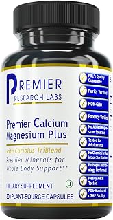 Premier Research Labs Calcium Magnesium Plus, Premier - for Bone, Joint & Teeth Health - Optimal Alkaline pH - with Sustainably Harvested Calcium Calcium - Mushroom Blend - 300 Plant-Sourced Capsulea