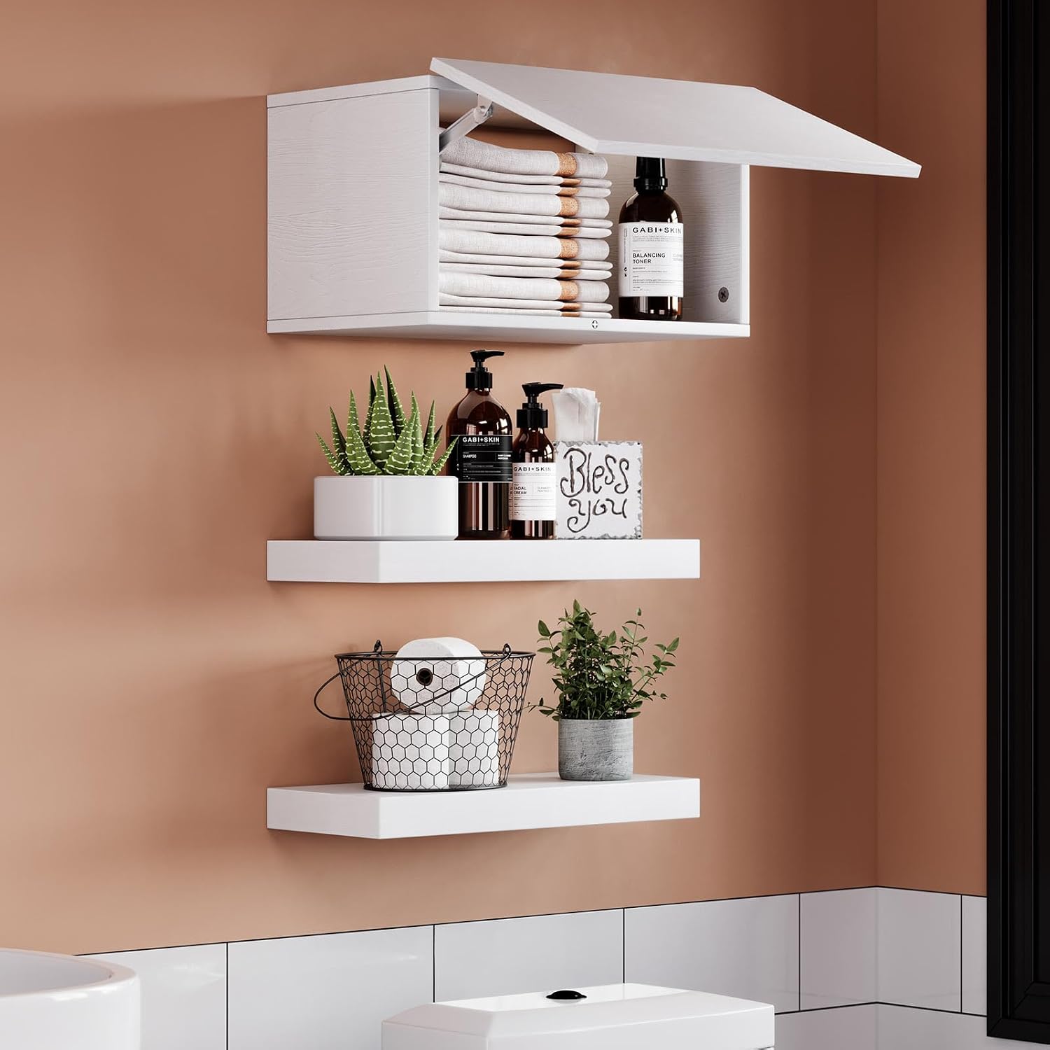 CEAKIAN Floating Shelves,Wall Mounted Shelf Over Toilet,with a High-Capacity Storage Box & Thickened Shelf,0-90° Free Hover,16inch Set of 3,White