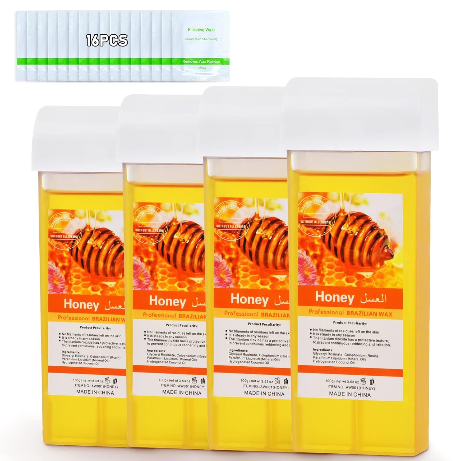 Roll On Wax, Honey Hair Removal Wax Cartridge, Depilatory Wax Roller Refill, 4 Pack - 100% Natural Material, Dermatologically Tested, Easy & Safe to Use, For Body Waxing, Leg and Arms