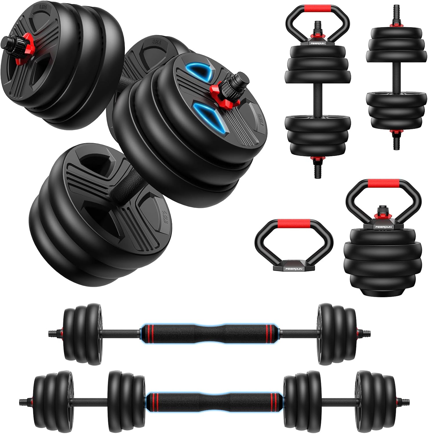 FEIERDUN 5-in-1 Adjustable Dumbbell Set 10kg-40kg, Home Gym Weight Set Barbell, Kettlebell & Push Up Stands for Full Body Workout,Space-Saving Strength Training for Men & Women