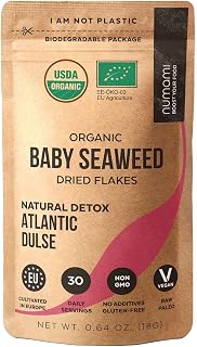 Organic Atlantic Dulse Flakes - Young Baby Seaweed Grown in North Atlantic, Vacuum Dried Premium Quality. Soft Texture & Mild Taste. Add 1 tsp to your dish for daily vitamins/minerals. 30 Servings