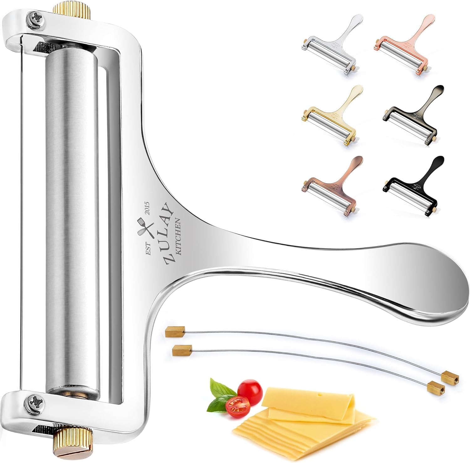 Zulay Cheese Slicer with Adjustable Thickness - Heavy Duty Stainless Steel Cheese Slicers with Wire - Premium Wire Cheese Slicer for Soft & Semi-Hard Cheeses - 2 Extra Wires Included (Silver)