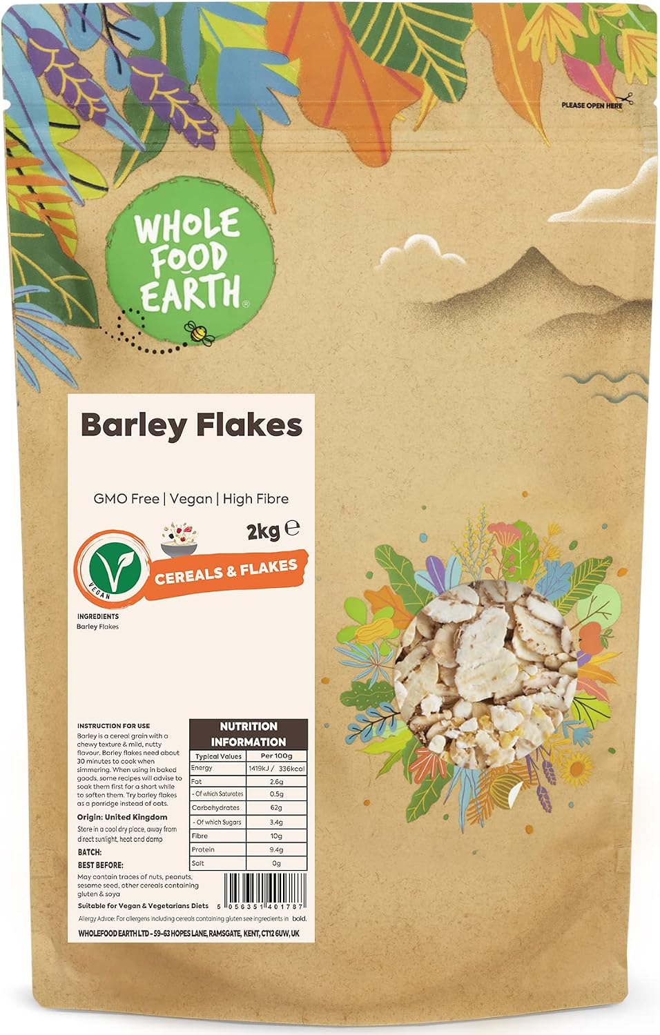 Wholefood Earth Barley Flakes 2 kg | GMO Free | High Fibre