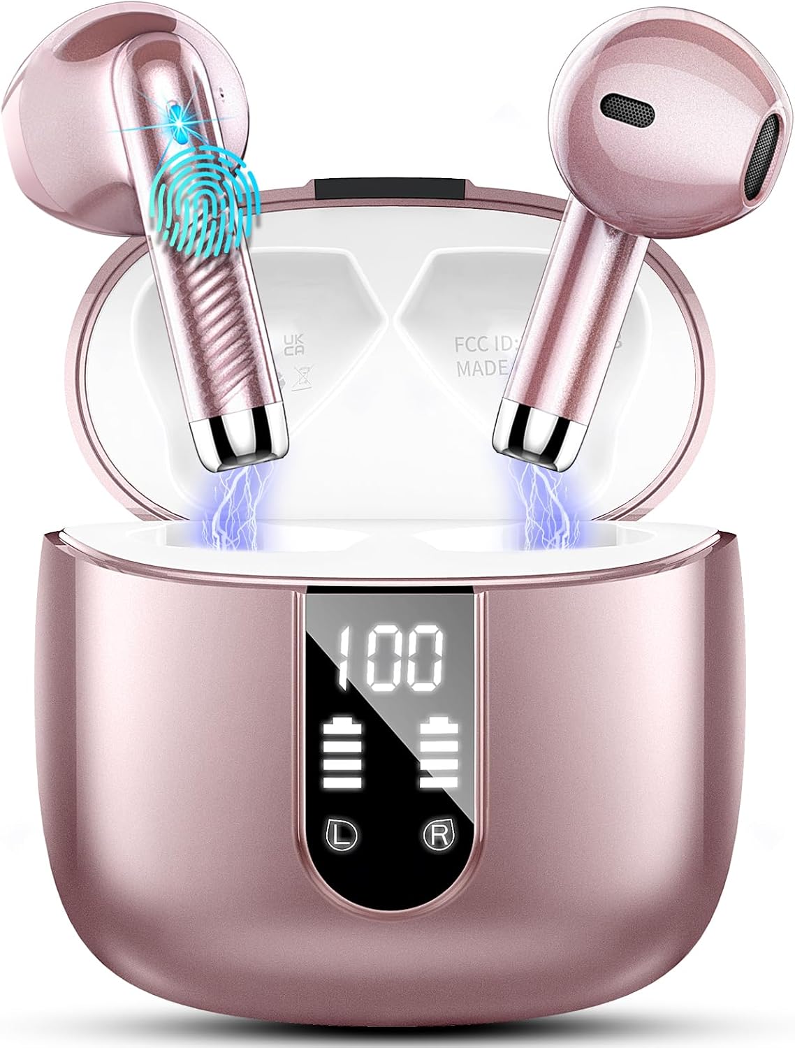 Wireless Earbuds, 2024 Bluetooth Headphones 5.3 Ear buds Built-in ENC Noise Cancelling Mics, 40H Stereo Bass Bluetooth Earbuds with Dual LED Display, IP7 Waterproof Earphones for Android iOS, Rosegold
