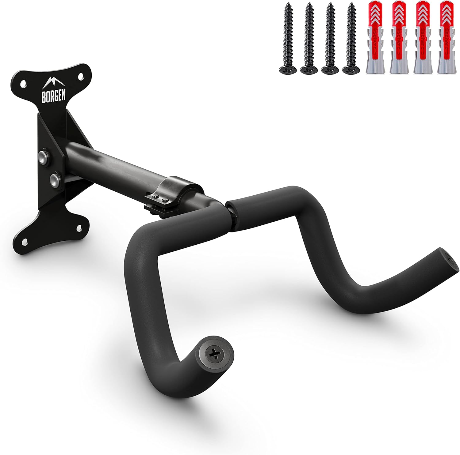 Borgen Bike Wall Mount - Adjustable Distance and Foldable Rack for Bike Storage Wall - MTB, Road Bike, E-Bike Compatible - Space Saving Bike Rack Black