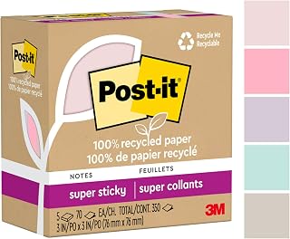 Post-it 100% Recycled Paper Super Sticky Notes 2X The Sticking Power 3x3 in 5 Pads 70 Sheets/Pad Wanderlust Pastels Collection (654R-5SSNRP)