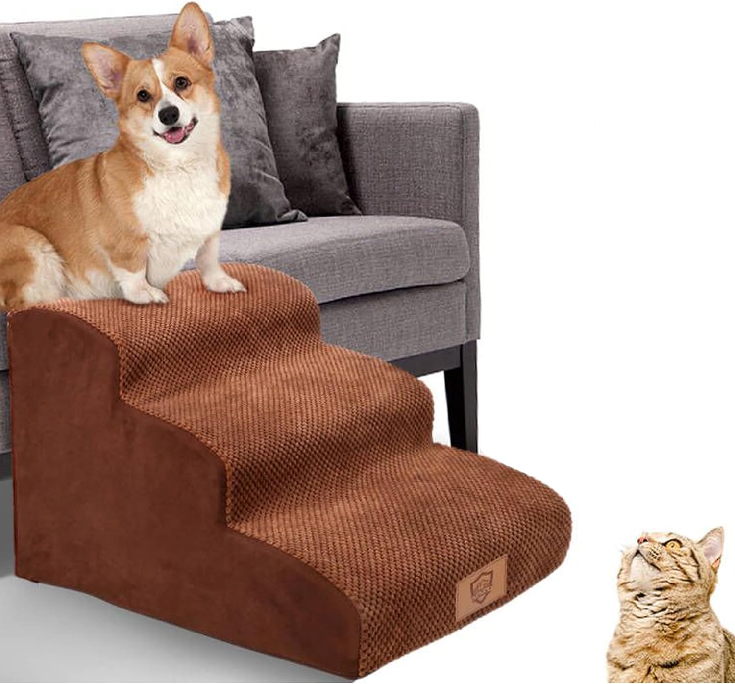 MASTERTOP Dog Steps for Bed, 3 Steps Pet Stairs with Non-Slip Washable Cover, 57x40x40cm High Density Foam Dog Ramp for Bed and Sofa, Stairs & Steps for Small Dogs and Cats - Brown
