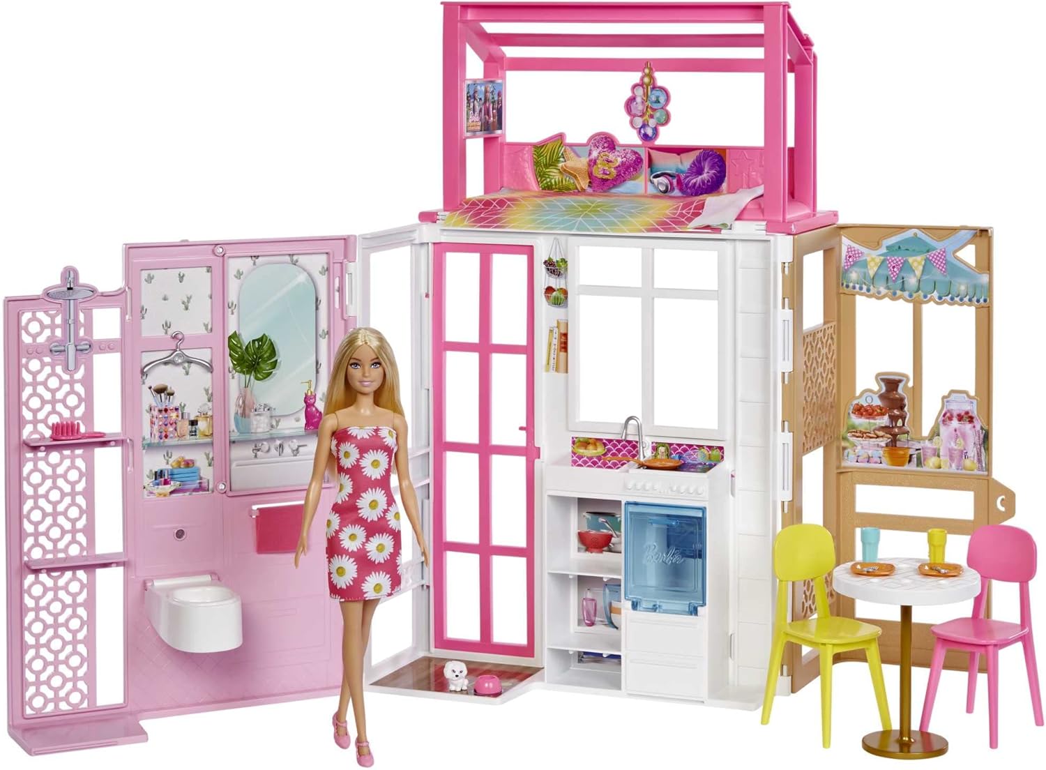 Barbie Dollhouse Playset with Barbie Doll & House with 2 Levels & 4 Play Areas, Fully Furnished, with Pet Puppy & Accessories, Gift for Kids 3 Years Old and Up, HHY40