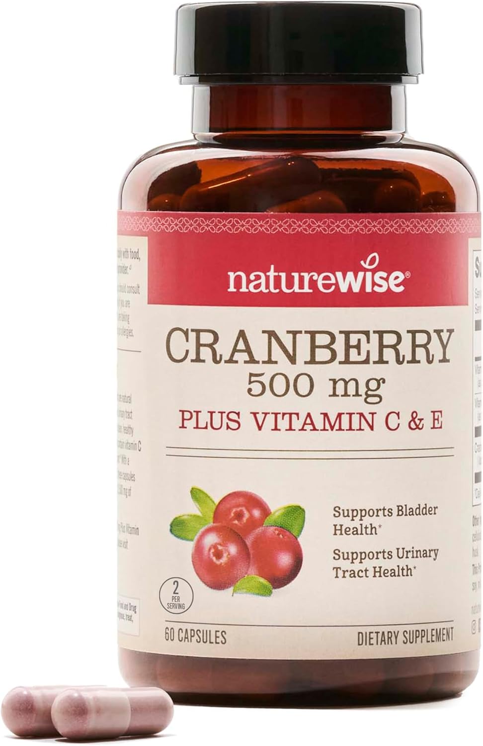 NatureWise Cranberry Pills for Women - 500mg Cranberry Extract (25:1) + Vitamin C & E - Cleansing Urinary Tract & Bladder - Vegan, Non-GMO, Sugar-Free - 60 Capsules[1-Month Supply]