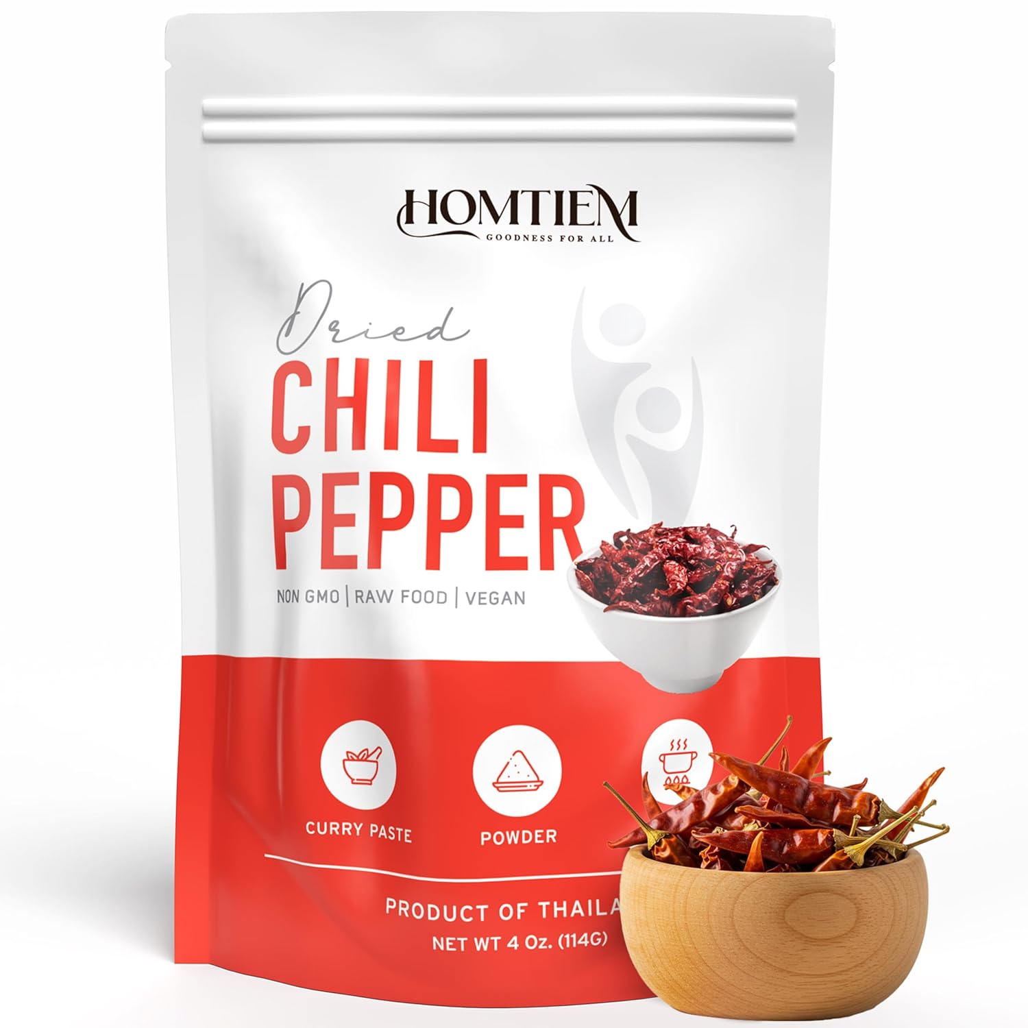 Homtiem Organic Red Jinda Dried Chili Peppers 4 Oz, The Secret of Spiciness and Flavor, Bold and Natural Heat, Perfect for Adding Flavor and Spice to Any Cuisine from from Asian to Western (Mild Hot)