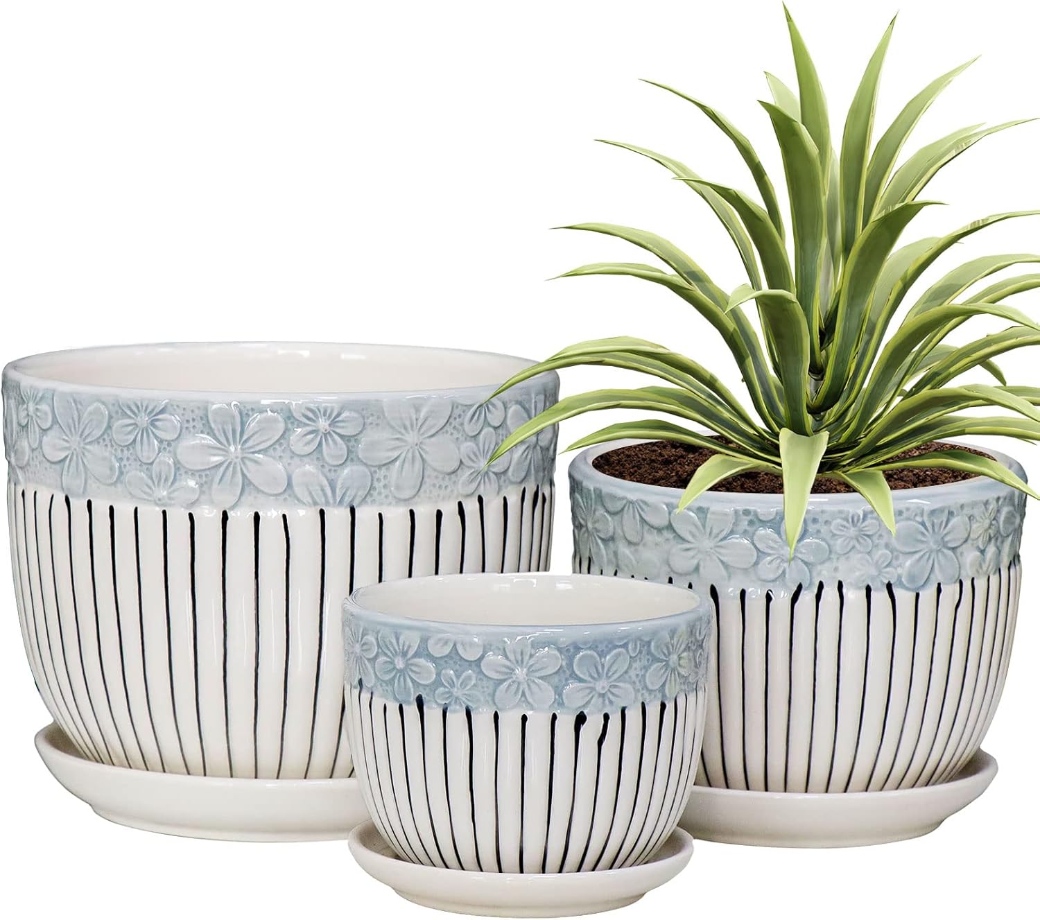 Ton Sin Grey Flower Pots,Texture Planter for Indoor Plants Set of 3 Ceramic Flower Pots with Saucer,Cute Garden Pots Succulent Pots（3 Pack,Grey