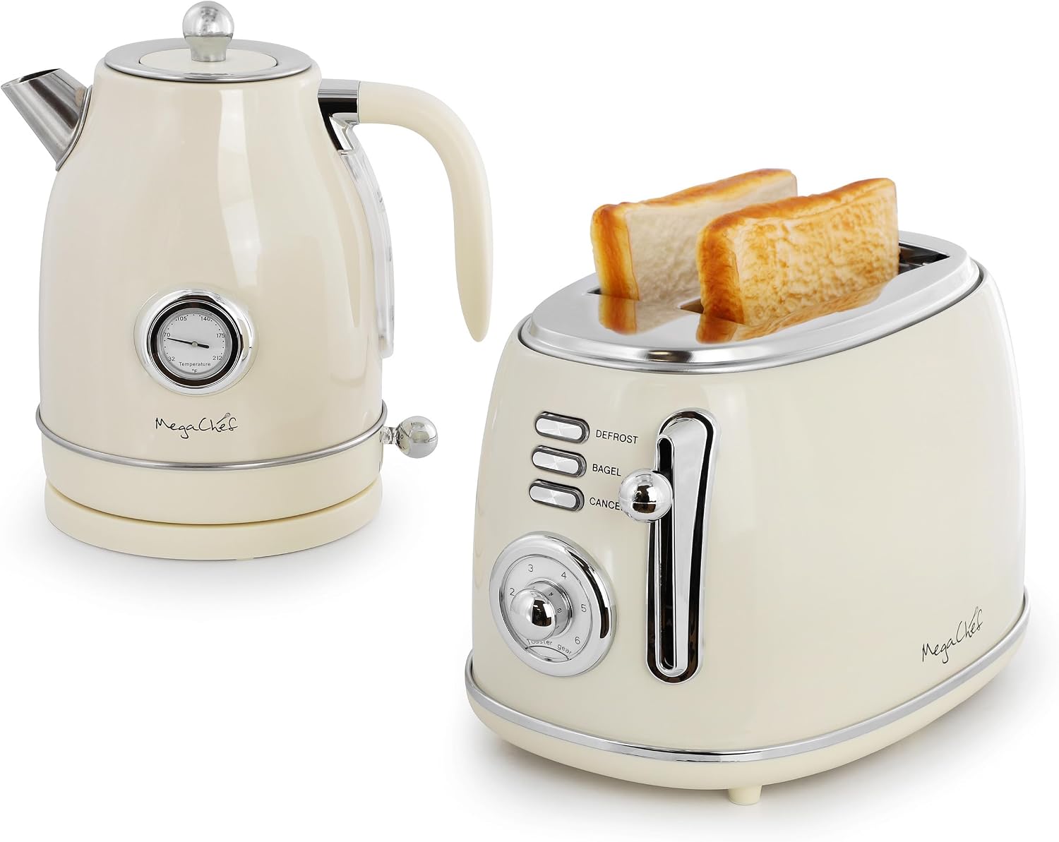 MegaChef 1.7 Liter Electric Tea Kettle and 2 Slice Toaster Combo (Glossy Cream)
