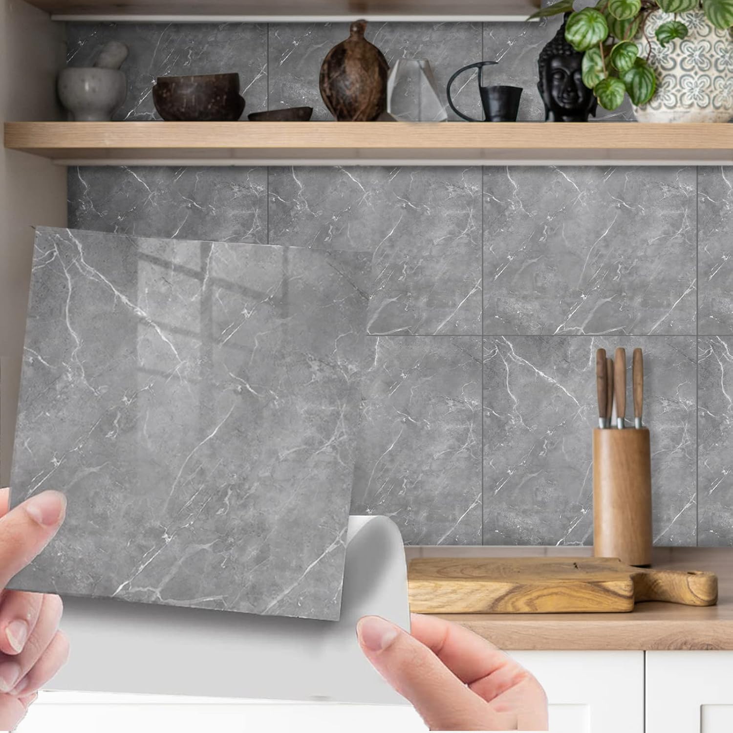 Marble Stick on Tiles 30 x 30cm 24Pcs, Grey Tile Stickers Self Adhesive Wall Tiles, PET Peel and Stick Wall Glossy Stickers for Kitchen Bathroom