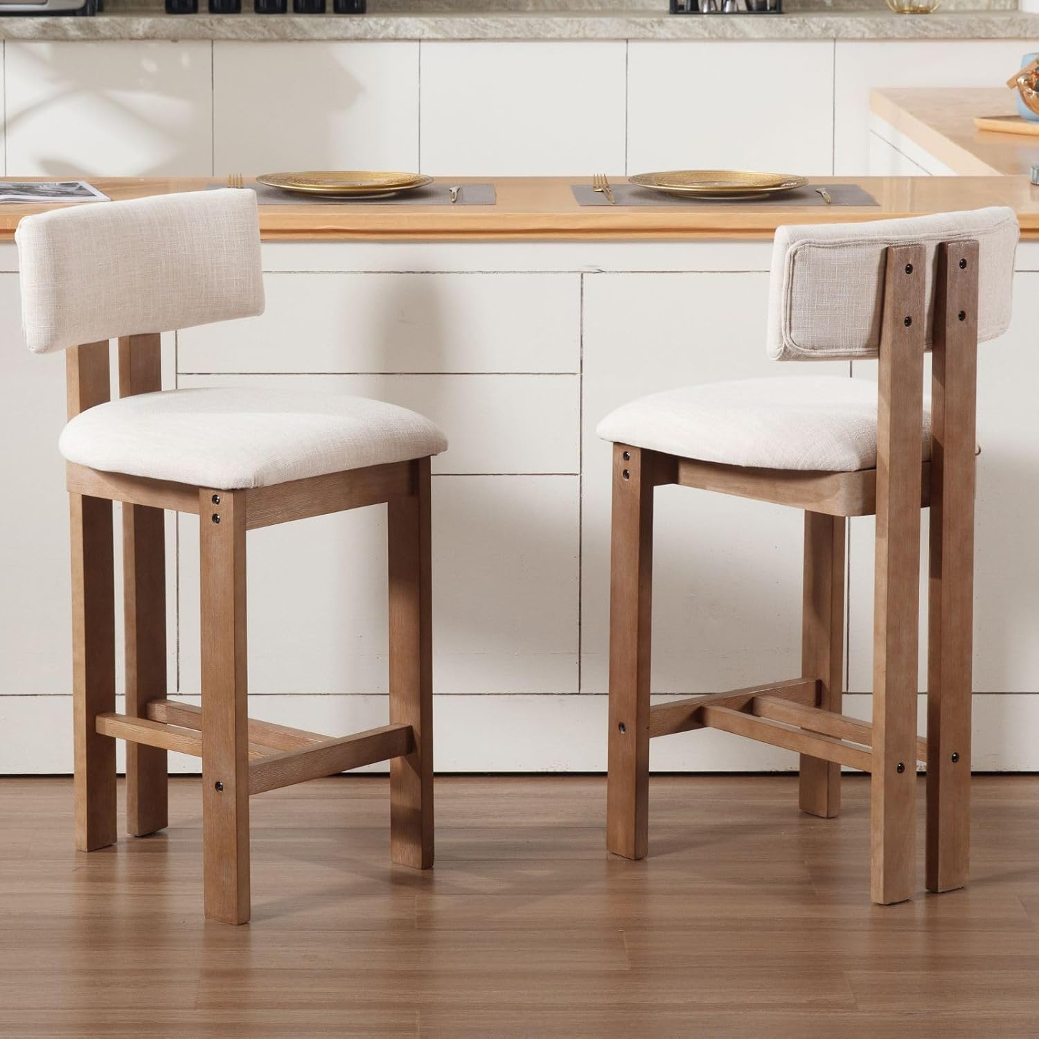 Ya-Home Bar Stools Set of 2 Kitchen Counter Stools with Wooden Legs, Beige | Comfort Padded Seat, Durable Linen Fabric, for Home Kitchen/Bar