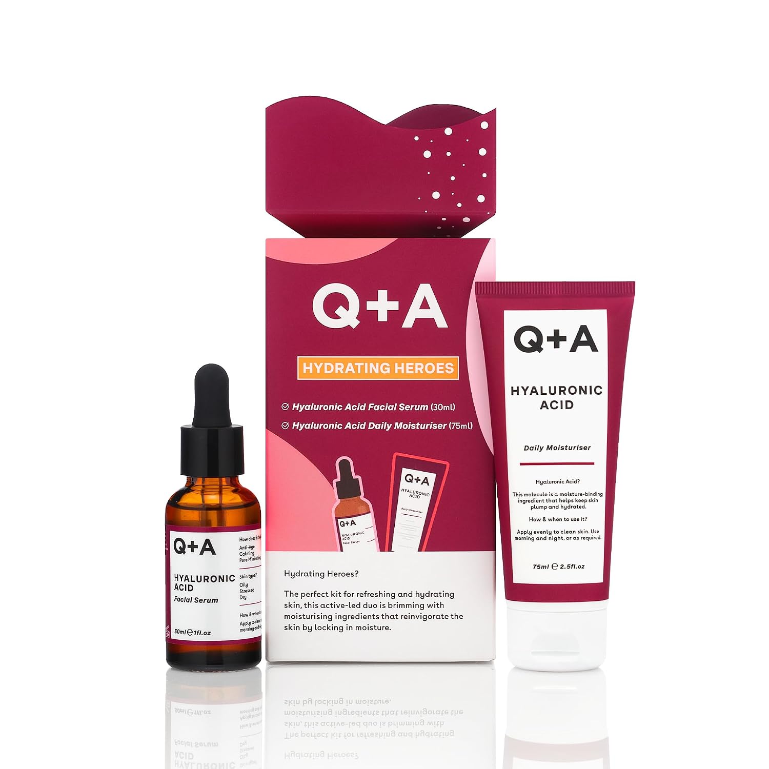 Q+A Hydrating Heroes Skincare Gift Set – A Giftset with Hyaluronic Acid Facial Serum 30ml, Daily Moisturiser 75ml for Dry, Dehydrated Skin, Vegan, Cruelty-Free, for Soft, Supple Complexion