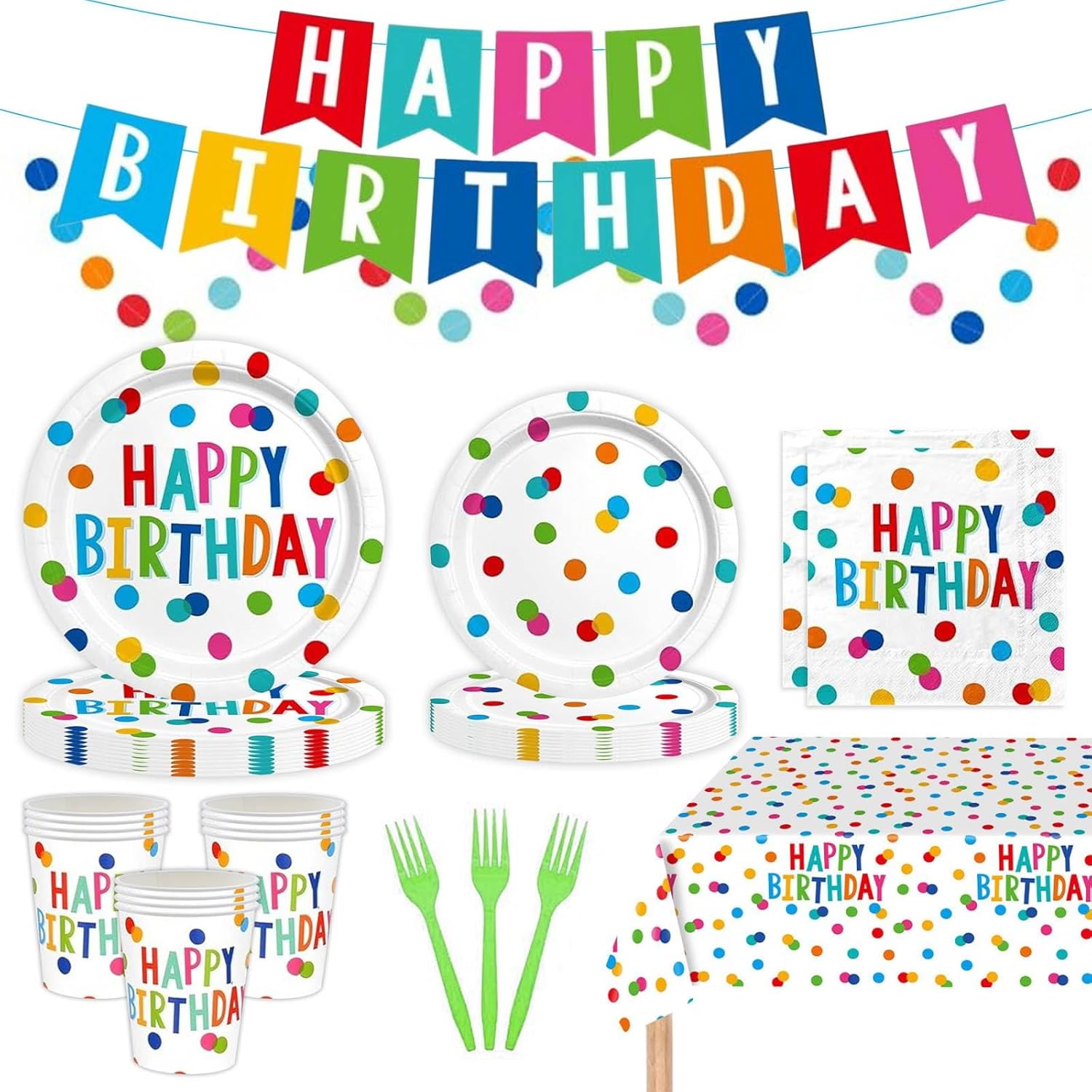 128Pcs Birthday Party Decorations, Colorful Dots Birthday Decorations Set, Happy Birthday Plates Napkins Cups, Fork, Tablecloth, and Banner for Kids Boys Girls, Serves 25