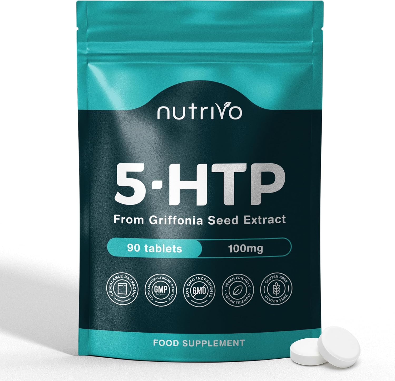 Nutrivo 5HTP Tablets - 90 Tablets Per Pack | 5HTP High Strength Supplement | One A Day - 3 Months Supply | from Griffonia Seed Extract | Vegan & UK Made