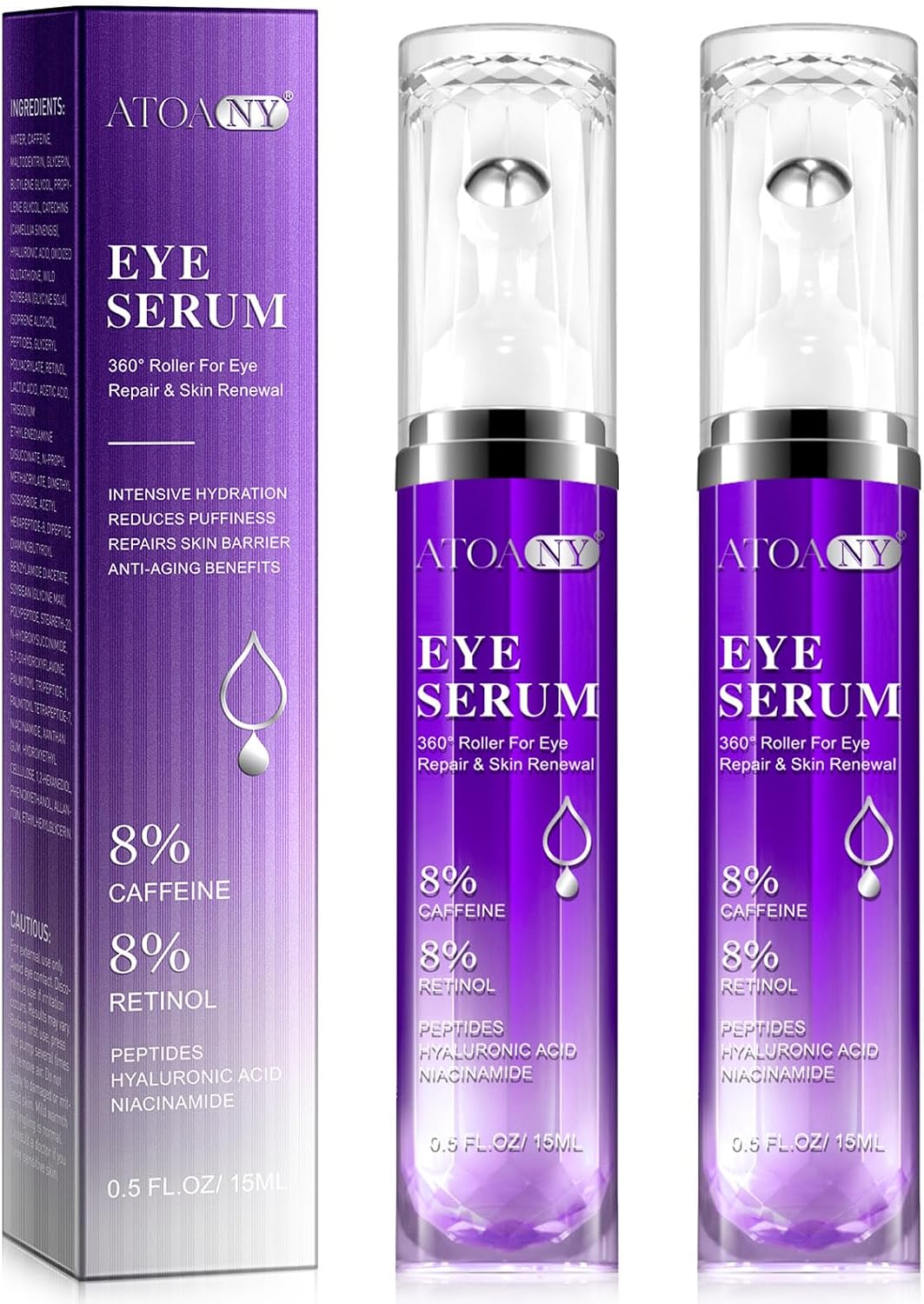 2 Packs Eye Serum for Dark Circles and Puffiness with 8% Caffeine 8% Retinol Hyaluronic Acid Niacinamide, Under Eye Cream Anti Aging for Puffiness and Bags with 360° Eye Roller Massage Ball