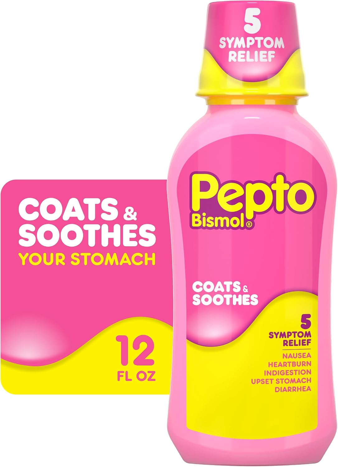 Pepto Bismol Liquid for Nausea, Heartburn, Indigestion, Upset Stomach, and Diarrhea - 5 Symptom Fast Relief, Original Flavor 12 oz