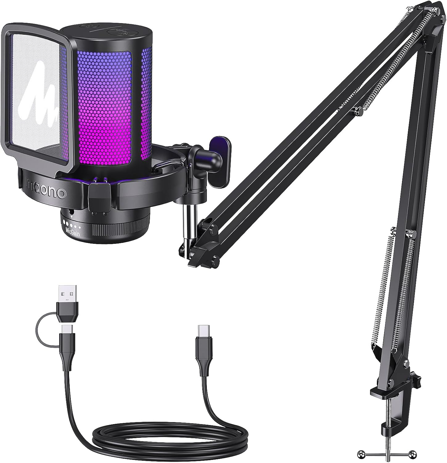 MAONO Gaming USB Microphone, Noise Cancellation Condenser Mic with Mute, Gain, Monitoring, Boom Arm, Pop Filter for Streaming, Podcast, Twitch, YouTube, Discord, PC, Computer, PS5, Mac, DGM20S