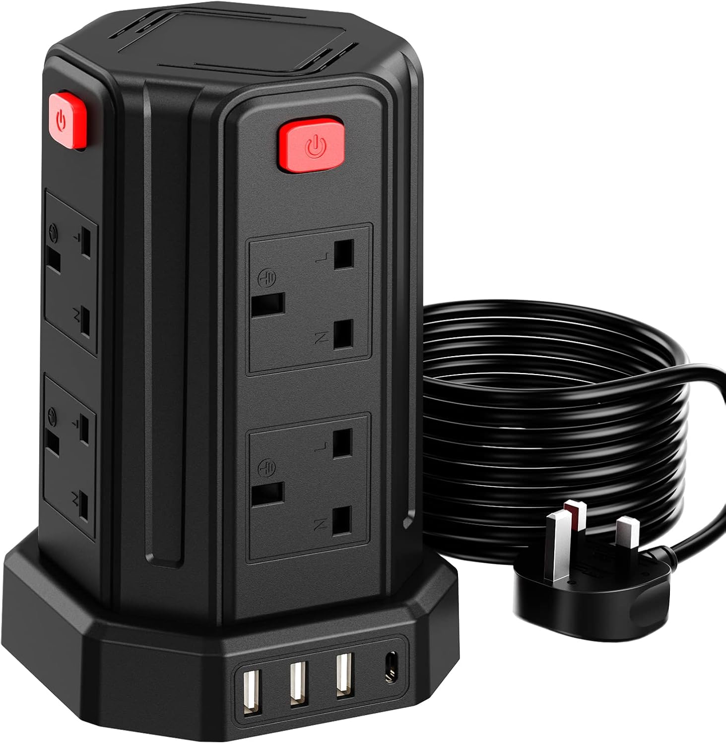 Tower Extension Lead with USB Slots 3M, (13A 3250W) 4 USB Ports and 8 Way Extension Tower, Surge Protection Extension Lead with 4 Independent Control Switch, Extension Cable for Office, Home, Kitchen