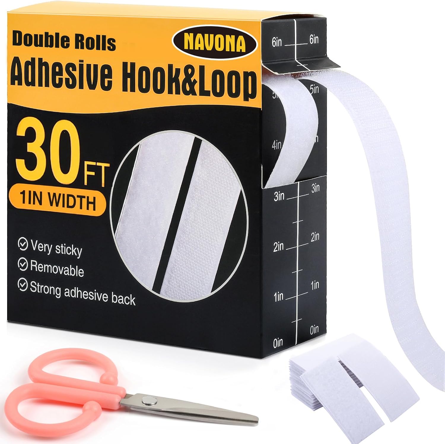 Navona 30Ft x 1 Inch Hook and Loop Strips with Adhesive โ 2 Rolls Heavy Duty Hook and Loop Tape with Backing for Home, Office, School, and Crafting Projects, White